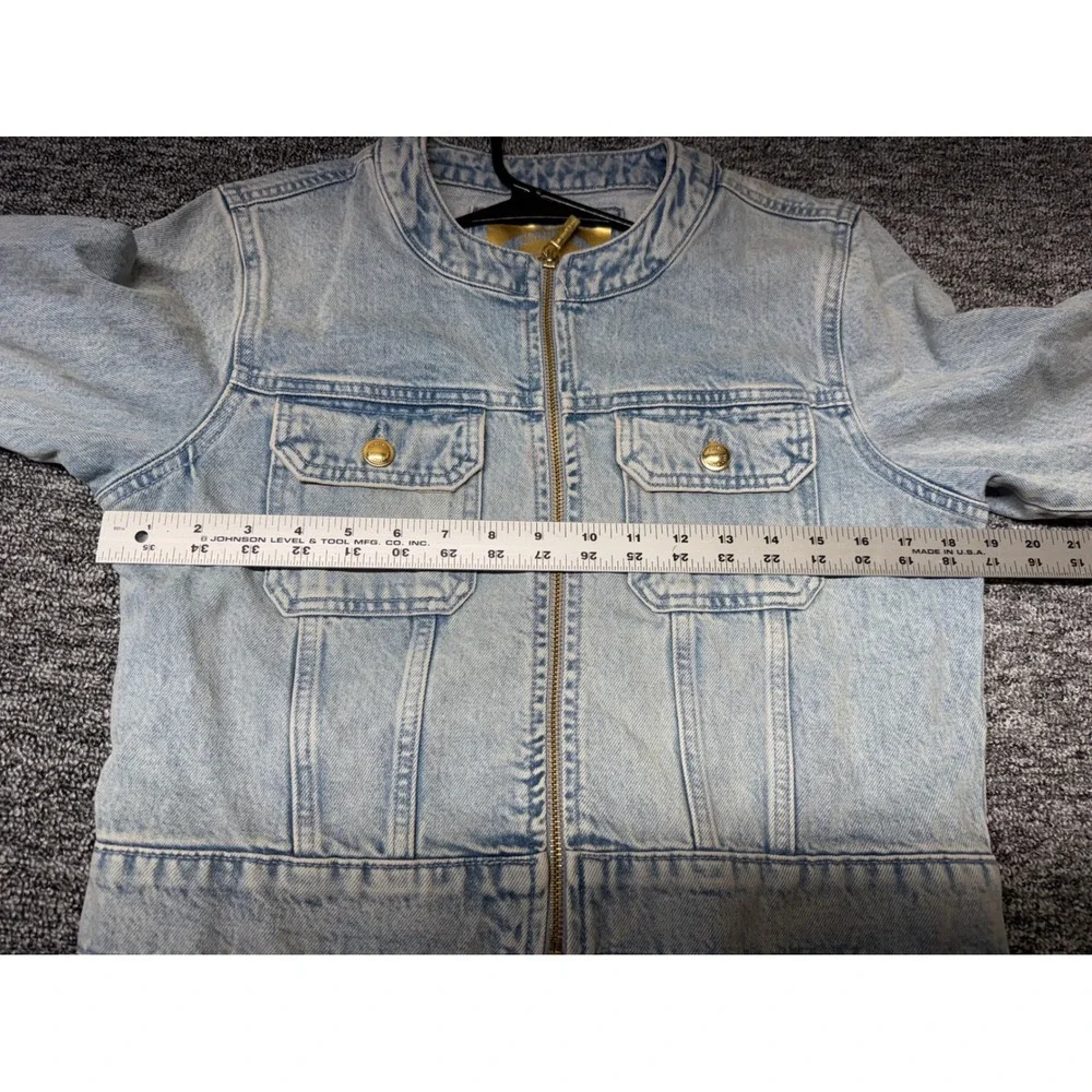 Michael Kors Women's Light Wash Cropped Denim Jacket Zip Up Collarless Blue Med